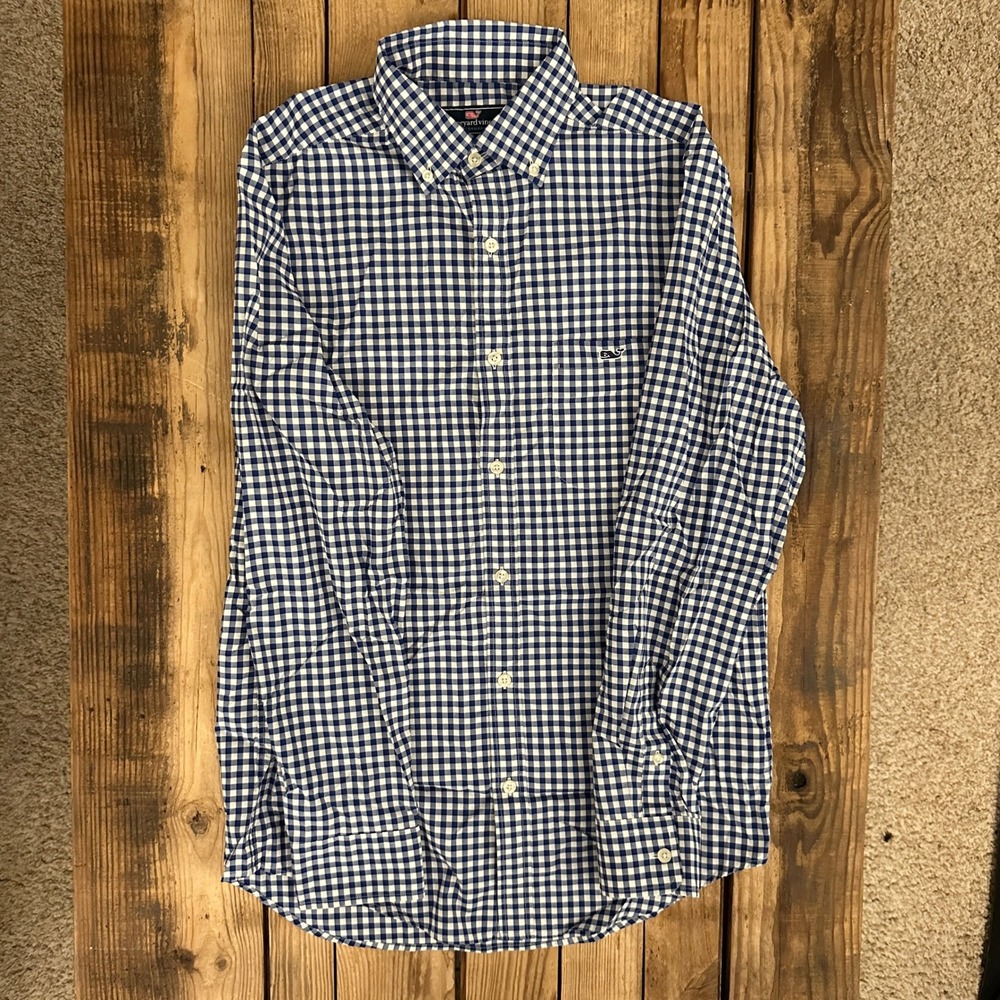 Vineyard Vines Performance Classic Fit Tucker Shirt Mens Small Navy Gingham - Picture 1 of 4